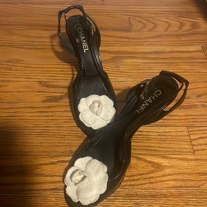 Chanel Black open toed heels with Camellia Flower Sz 41 slightly used.
